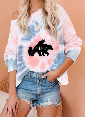 Women's Mama Bear Sweatshirt Print Tiedye Bear Long Sleeve One shoulder Casual Pullover