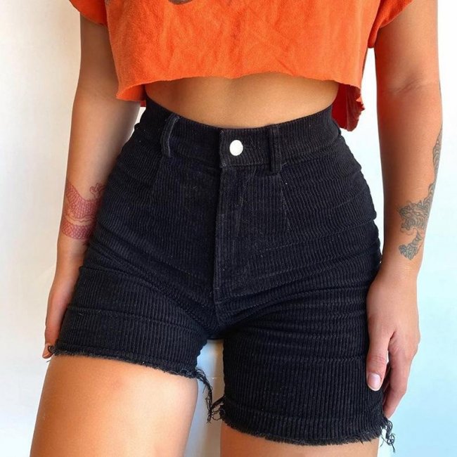 Women's Fashion Solid Pockets Button Black Shorts Pants