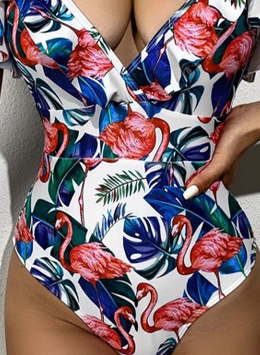 Women's One Piece Swimwear Floral V Neck Ruffle Vacation One-Piece Swimsuits One-Piece Bathing Suits