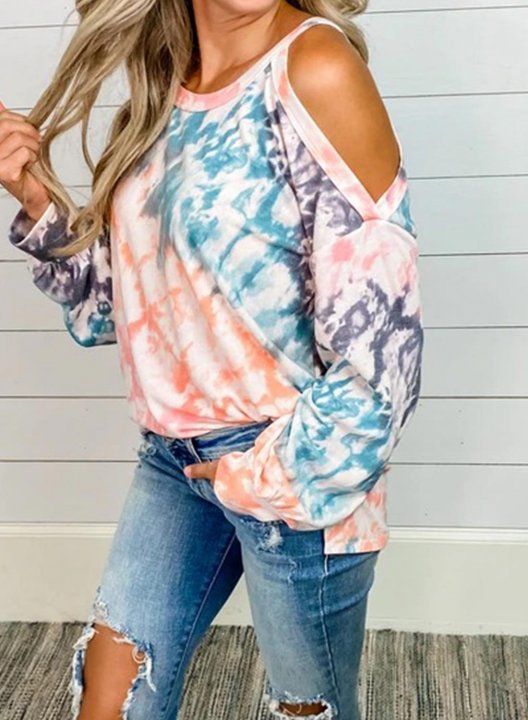 Tie Dye Round Neck Cold Shoulder Loose Sweatshirt