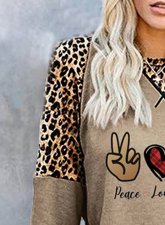 Women's T-shirts Leopard Color-block Letter Heart-shaped Long Sleeve Round Neck Casual T-shirt