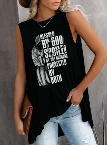 Women's Black Tank Tops Letter Blessed By God Spoiled By My Husband Protected By Both Sleeveless Round Neck Daily Tank