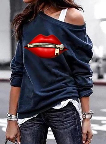 Off shoulder Solid Lips Print Long Sleeve Sweatshirt