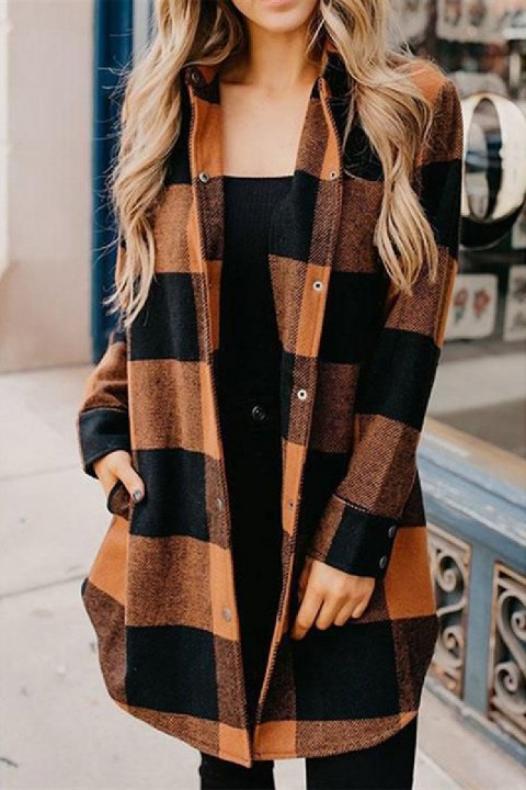 Buttons Up Plaid Print Long Coat