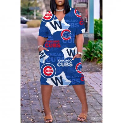 Women's Chicago Cubs Printed V-neck Casual Pocket Dress