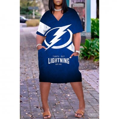 Tampa Bay Lightning Print Fashion Casual V Neck Short Sleeve Dress