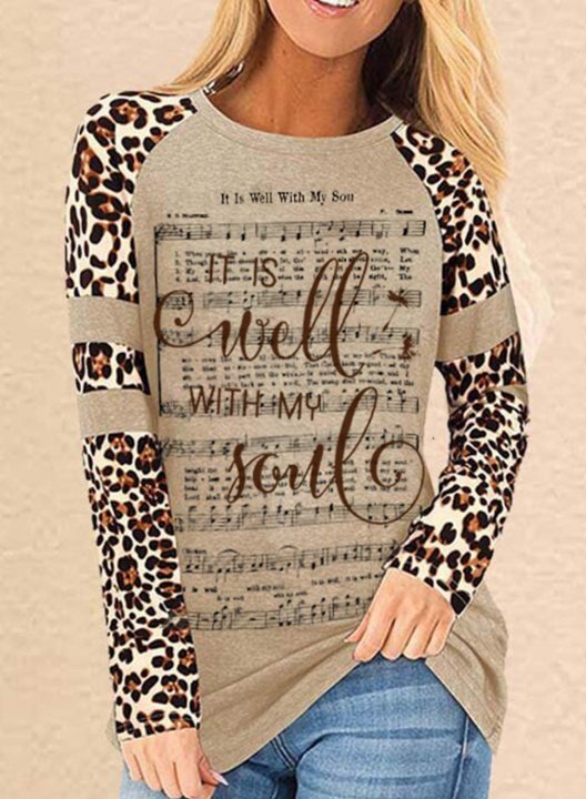 Women's It Is Well With My Soul Sweatshirts Round Neck Long Sleeve Letter Music Score Leopard Casual Sweatshirts