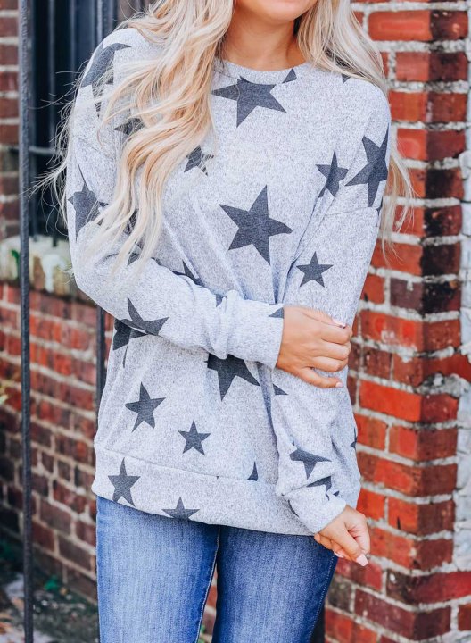 Geometric Long Sleeve Round Neck Star Sweatshirt