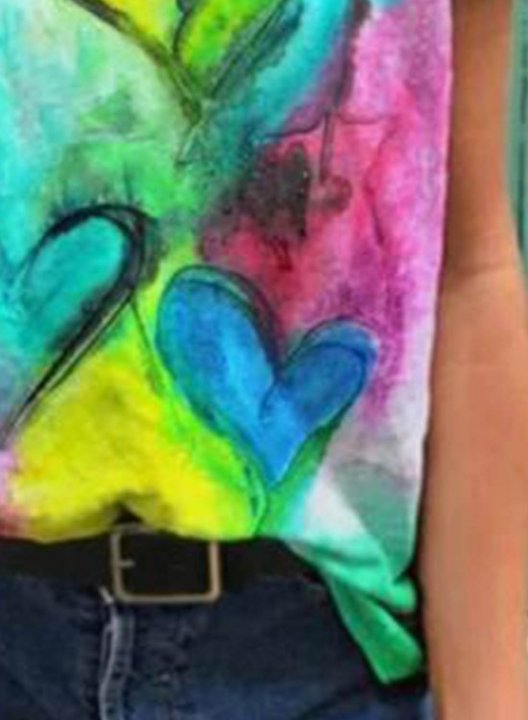 Women's T-shirts Color Block Heart-shaped Tiedye Short Sleeve V Neck Daily T-shirt