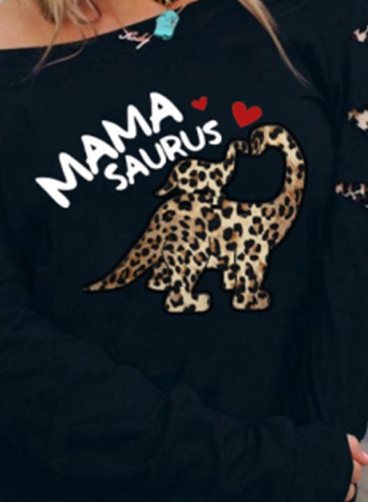 Women's Sweatshirt Mama Saurus Print Letter Long Sleeve Cold Shoulder Cut-out Pullover