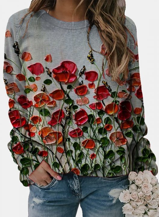 Women's T-shirts Floral Round Neck Long Sleeve Casual Daily T-shirts