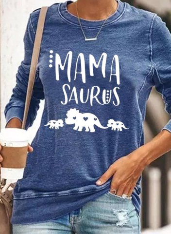 Women's T-shirts Mama Saurus Print Letter Solid Round Neck Long Sleeve Daily Casual T-shirts