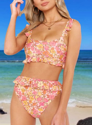 Women's Bikinis Color Block Floral Sleeveless Unadjustable Spaghetti Padded Ruffle Vacation Bikini