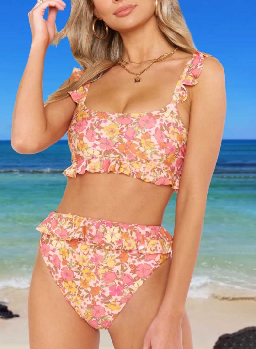 Women's Bikinis Color Block Floral Sleeveless Unadjustable Spaghetti Padded Ruffle Vacation Bikini