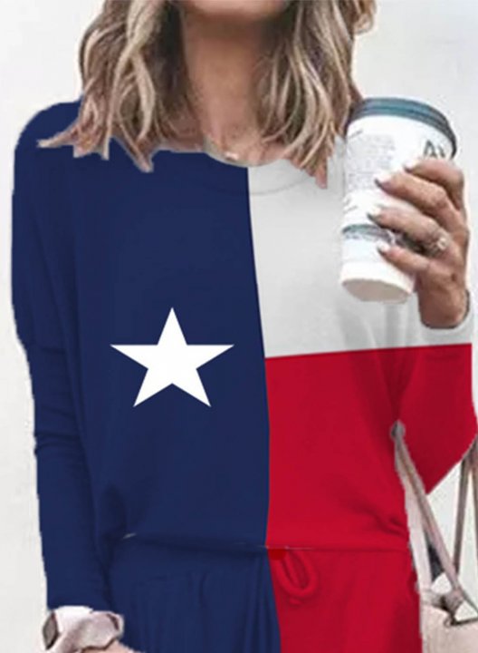 Women's Loungewear Sets Color Block Texas Flag Star Long Sleeve Round Neck Casual Loungewear Sets