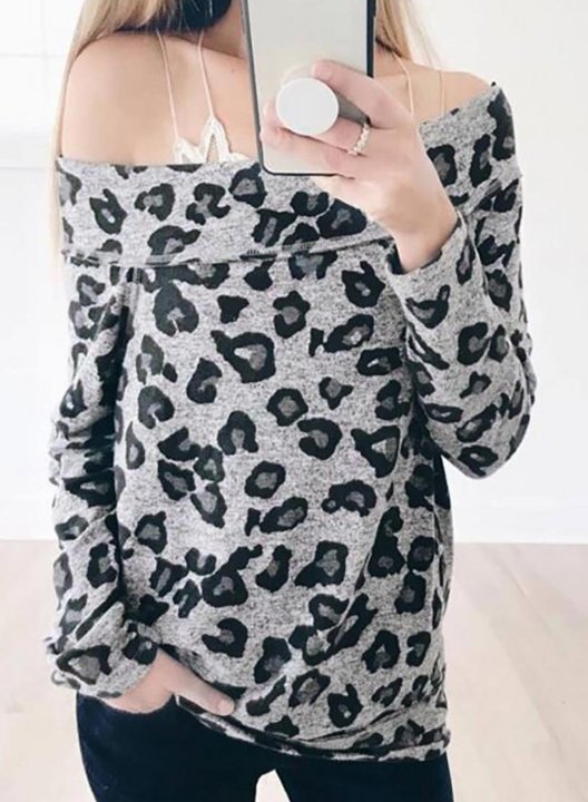 Long Sleeve Leopard Off Shoulder Sweater