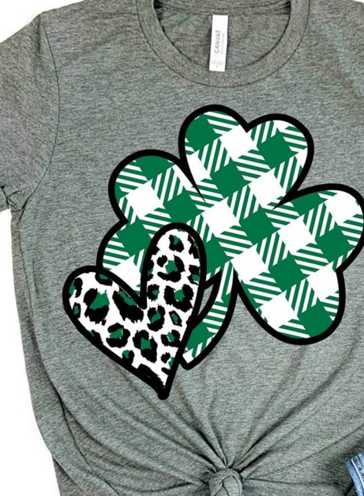 Women's St Patrick's Day T-shirts Leopard Plaid Heart Shamrock Print Round Neck Short Sleeve Casual T-shirts