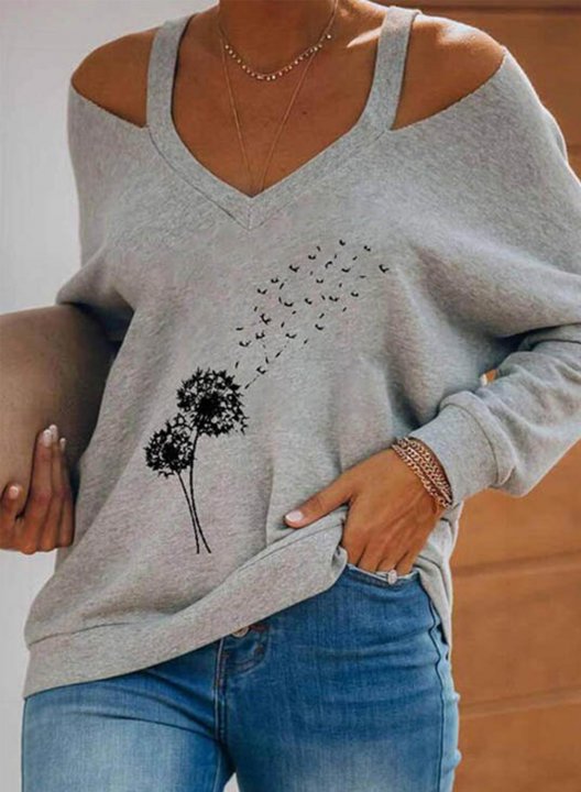 Women's Dandelion Sweatshirts V Neck Cold Shoulder Long Sleeve Dandelion Solid Sweatshirts