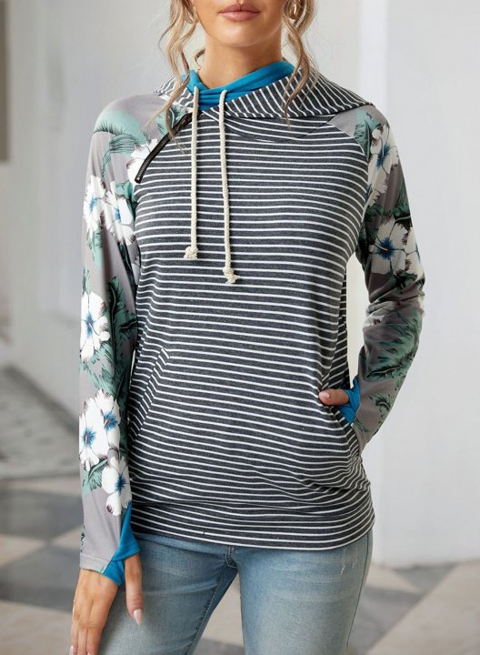 Striped&Floral Long Sleeve Zip Hoodie