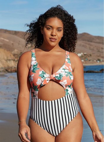 Women's One Piece Swimwear Floral Striped Knot Front Plus Size One-Piece Swimsuits One-Piece Bathing Suits