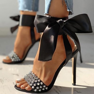 Solespairs Studded Bowknot Design Thin Heels