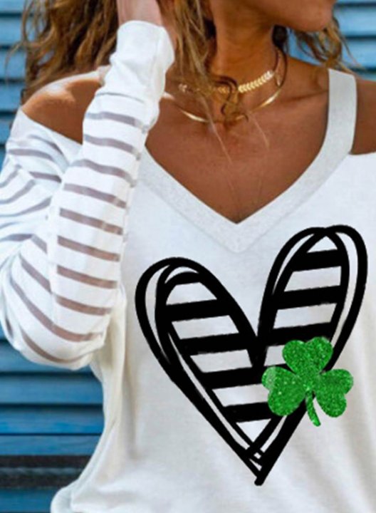 Women's St Patrick's Day Sweatshirt Off Shoulder Heart Shamrock Color Block V Neck Long Sleeve Casual Pullovers