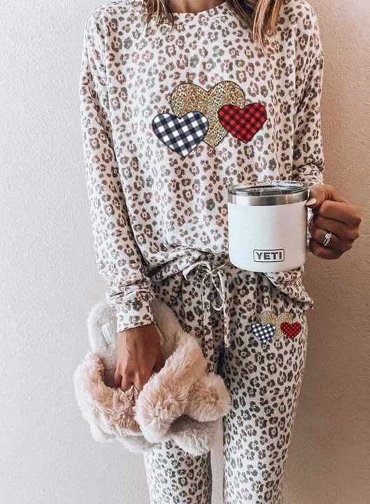 Women's Loungewear Sets Leopard Heart-shaped Print Long Sleeve Round Neck Belt 2-Piece Pajama Sets