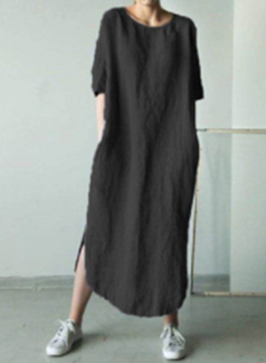 Women's Linen Maxi Dresses Solid Half Sleeve Round Neck Split Casual Basic Maxi Dress