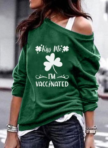 Women's St Patrick's Day Sweatshirt Shamrock Funny Kiss Me I'm Vaccinated Cold Shoulder Shirt