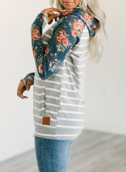 Floral-Print Paneled Striped Pocket Hoodie