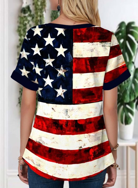 Women's American Flag T-shirts Short Sleeve V Neck Daily Casual T-shirt