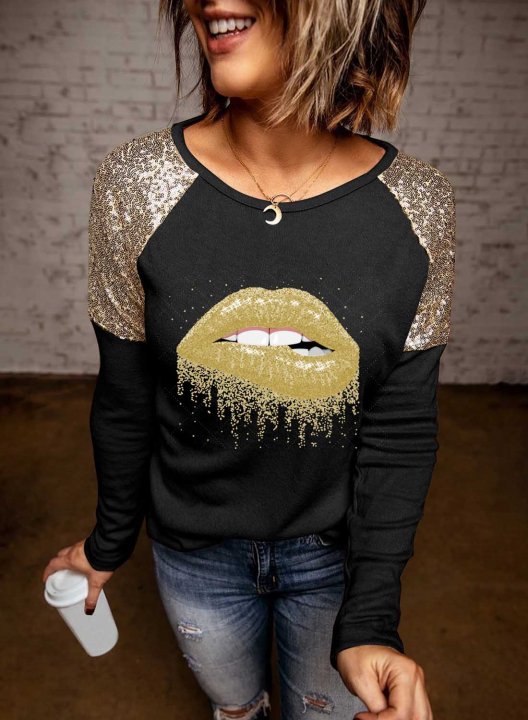 Women's T-shirts Color Block Lip Print Sequin Long Sleeve Round Neck Daily T-shirt