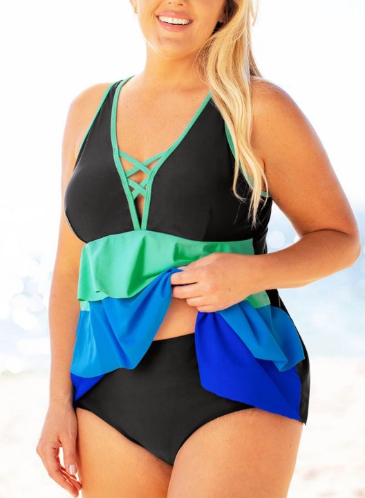 Women's Tankinis Color Block Criss Cross Layered Plus Size Tankinis