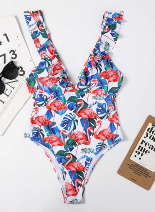 Women's One Piece Swimwear Floral V Neck Ruffle Vacation One-Piece Swimsuits One-Piece Bathing Suits