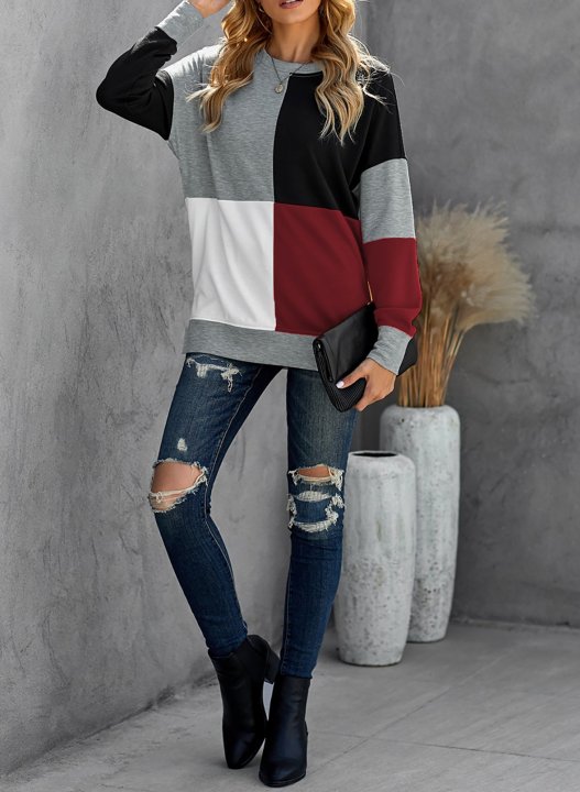 Color Block Round Neck Long Sleeves Sweatshirt