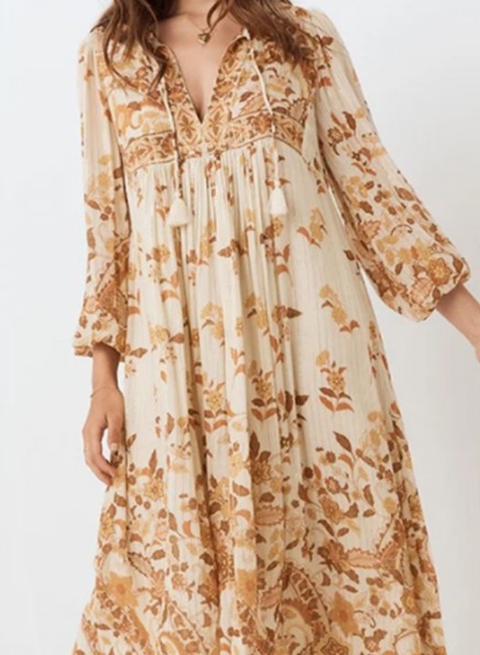 Women's Midi Dress Floral Fit & Flare V Neck 3/4 Sleeve Daily Boho Midi Dress