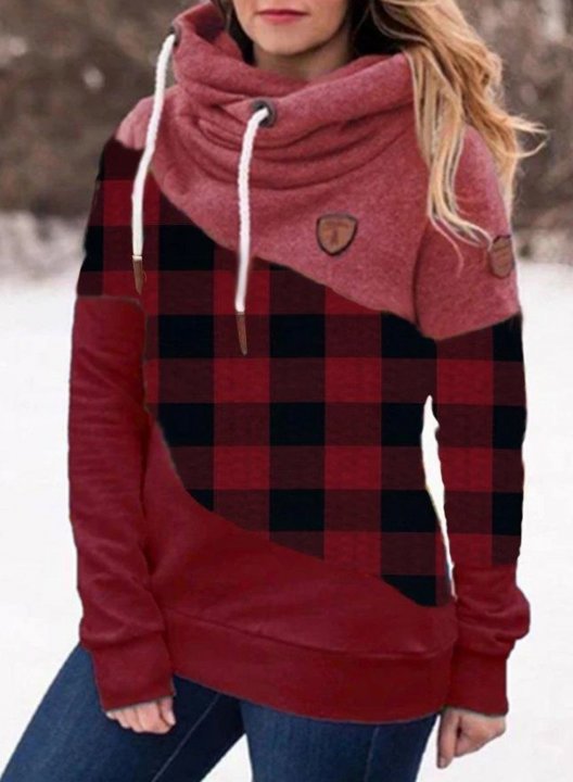 Dark Red Plaid Stitching Casual Hooded Sweatshirt