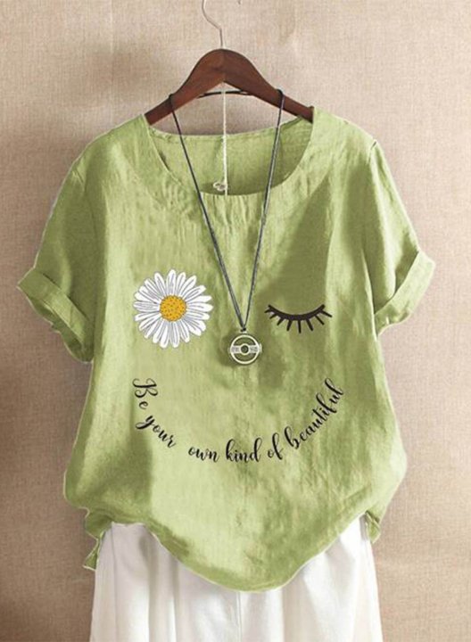 Women's T-shirts Casual Solid Floral Letter Round Neck Short Sleeve Daily Casual T-shirts