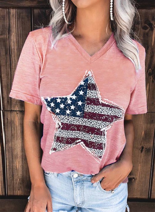 Women's T-shirts American Flag Star Letter Print Short Sleeve V Neck Daily T-shirt