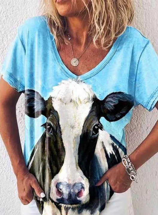 Women's T-shirts Animals Print Short Sleeve V Neck Daily T-shirt