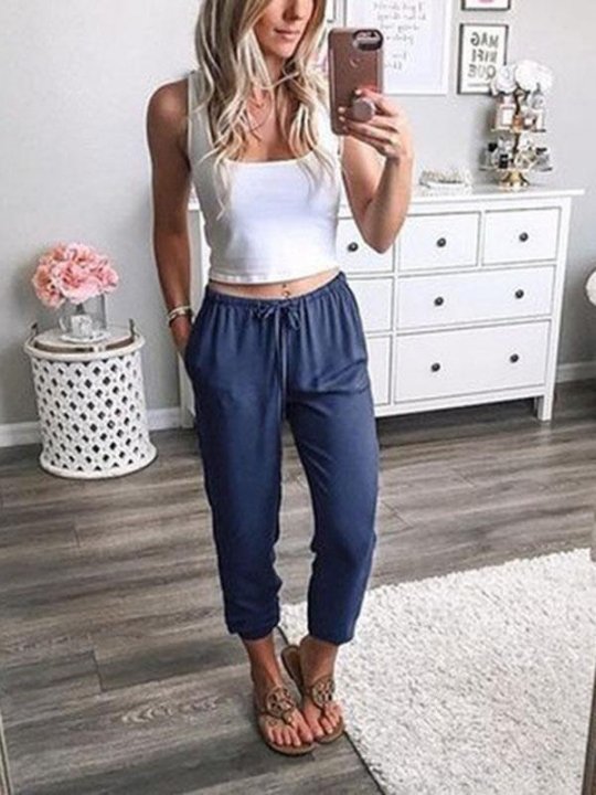 Women's Solid Cotton Loose Cropped Pants