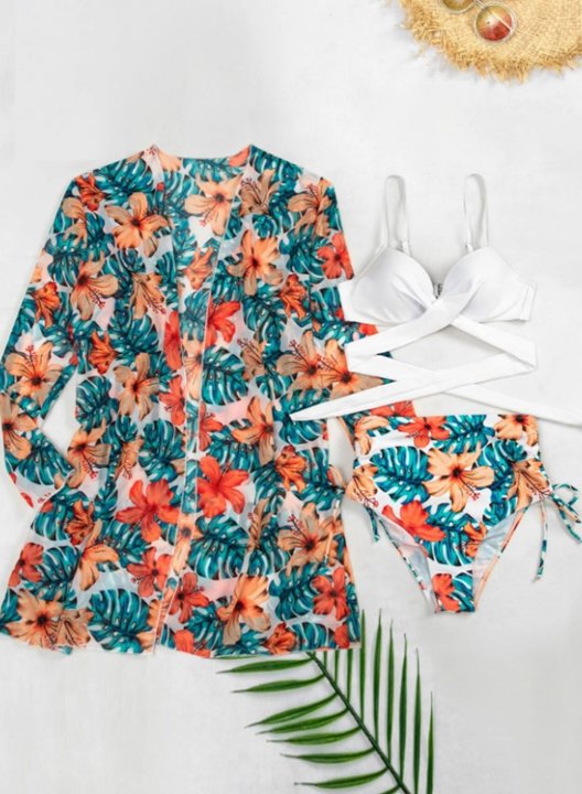 Women's Bikinis Color Block Floral Sleeveless Spaghetti Vacation Bikini With Smock