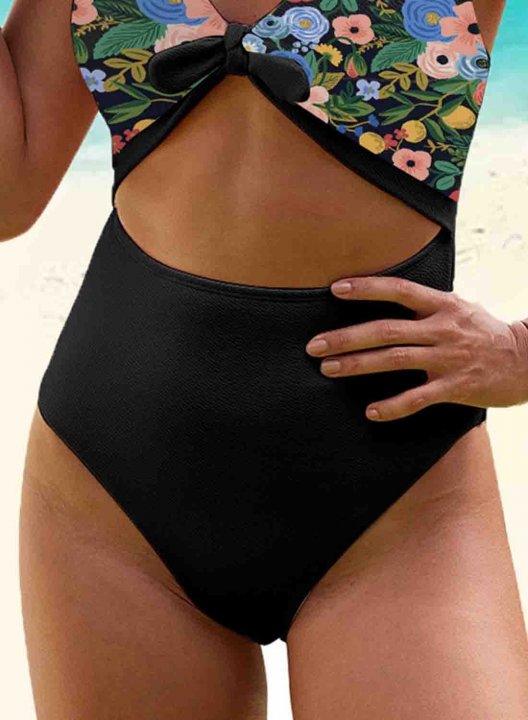 Women's One-Piece Swimsuits One-Piece Bathing Suits Knot Floral Multicolor V Neck Vintage One-Piece Swimsuit