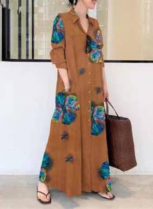 Women's Maxi Dresses Floral Long Sleeve Fit & Flare Turn Down Collar Casual Vintage Maxi Dress