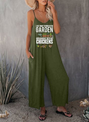 Women's Jumpsuits Solid Letter I Just Want To Work In My Garden Mid Waist Sleeveless Pocket Summer Straight Casual Jumpsuits