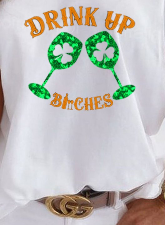 Women's Funny St Patrick's Day Sweatshirts Drink up Bitches T-shirts Sequin Print Short Sleeve Off Shoulder Daily T-shirt