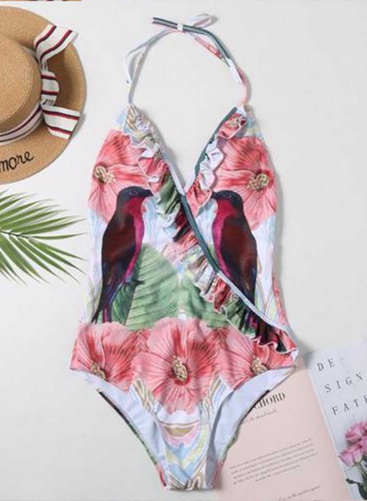 Women's One Piece Swimwear Floral V Neck Open Back Ruffle Vintage One-Piece Swimsuits One-Piece Bathing Suits