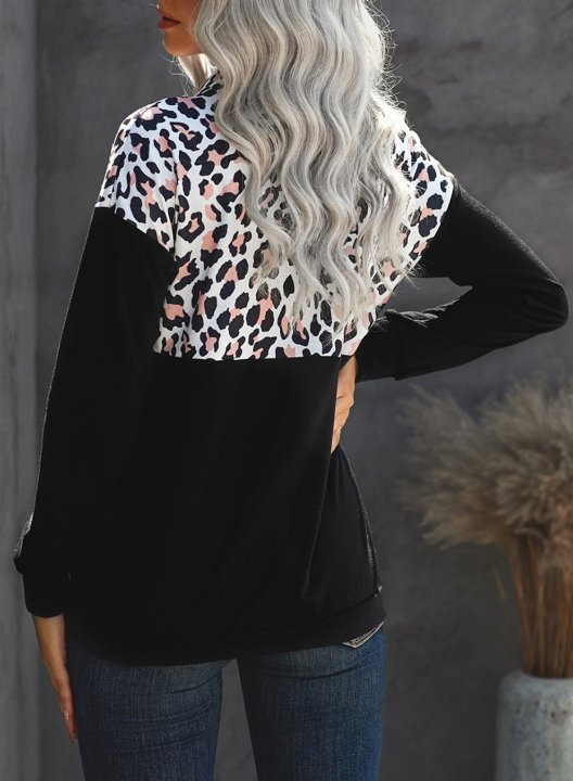 Color Block Leopard Long Sleeve Stand Neck Half Zip Sweatshirt