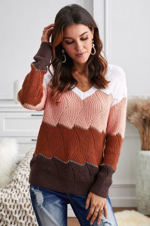 Women's Sweaters V Neck Colorblock Textured Knit Sweaters