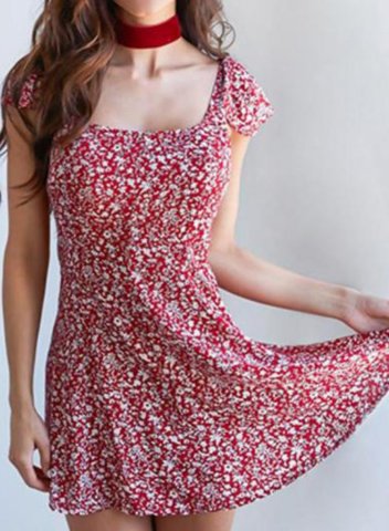 Women's Mini Dresses Fashion Floral Ruffle Short Sleeve A-line Square Neck Date Dress